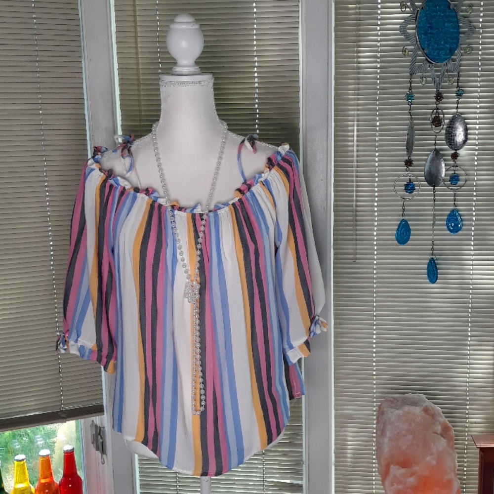A.N.A. striped cold shoulder shirt w ties